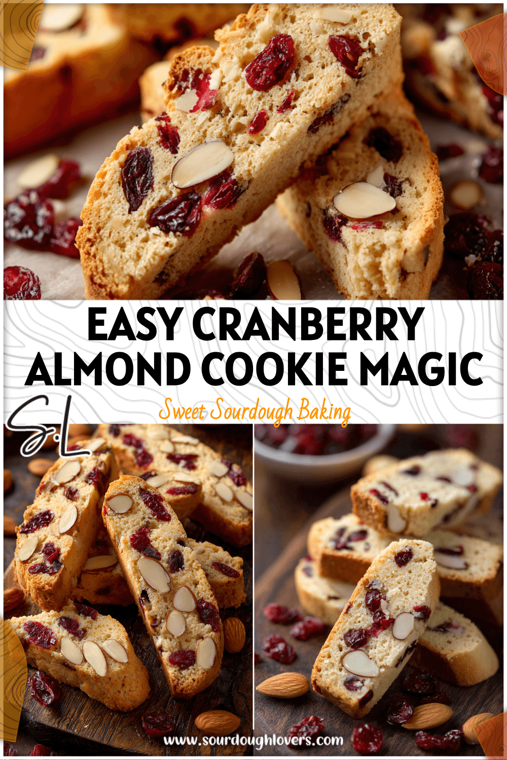 Close-up of sliced Italian Almond Cookies with cranberries on a rustic kitchen board. 26